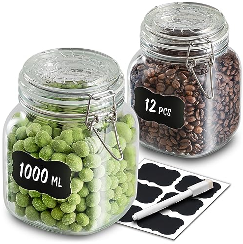 Praknu 6 Tarros de Cristal Herméticos 1l - Con Etiquetas, Rotulador y Juntas de Repuesto - Ahorro de Espacio gracias a su Forma Angular