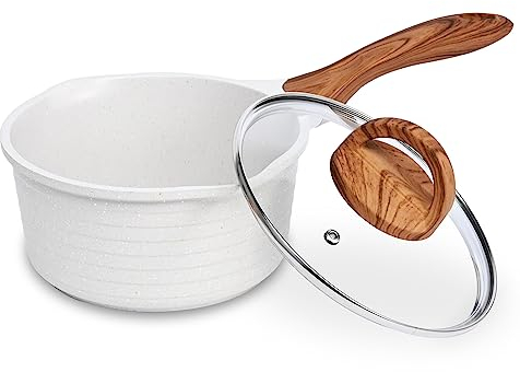 JEETEE Cacerola 18 cm 2 L Con Tapa De Vidrio，Cazuelas De Cocina Antiadherente Multicapa Efecto Piedra, Cazo Induccion Libre De Pfoa Apto Para Todo Tipo De Cocinas