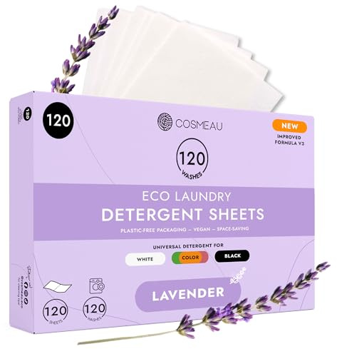 Cosmeau tvättmedel blad lavendel – upp till 120 tvättar (120 ark) – hållbart tvättmedel för vit, färg och svart – plastfritt, nedbrytbart och perfekt resetvättmedel