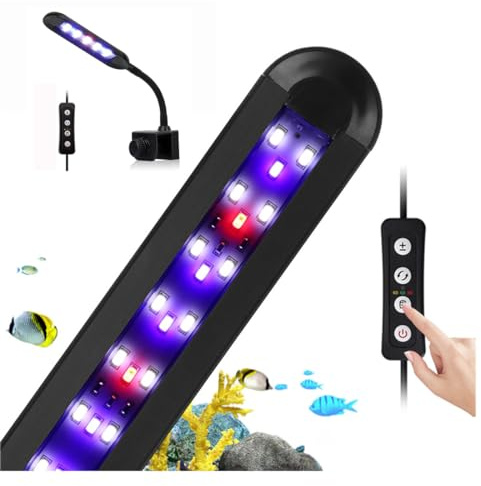 Akvariebelysning, 3 ljusfärglägen, 5 nivåer av inställningar för ljusstyrka, med timer och minnesfunktion, flexibel svanhals vit + röd + blå LED akvarium klämma lampa för vattenväxter och sötvattenakvarium