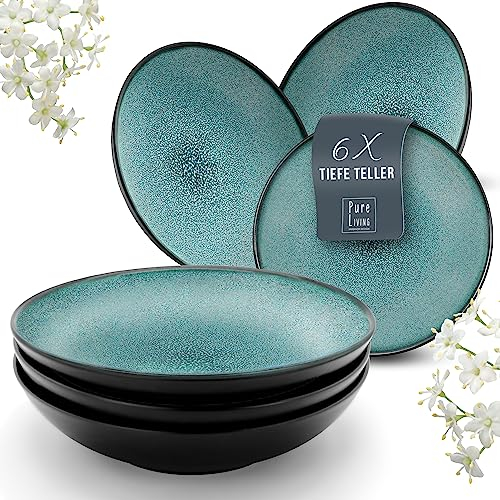 Juego de 6 Platos Hondos de Gres Serie Ibiza - Elegantes para Pasta y Sopa - Vajilla Completa Moderna para 6 Personas - Estilosos Llanos - Pure Living en Azul Humo
