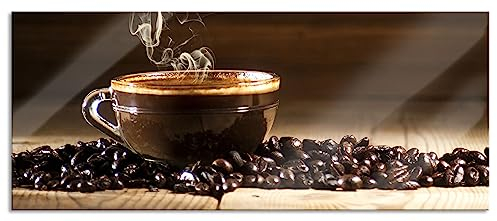 Pixxprint Glasbild Panorama, Wandbild aus Echtglas, Kaffee zwischen Kaffeebohnen, 120x50 cm, inkl. Aufhängung und Abstandshalter