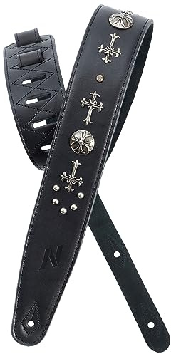 Nefelibata Full Grain Leather Guitar Strap with Foam Padded with Cross Silver Rivets for Electric, Acoustic and Bass Guitars (2.5 Wide, Carbon Black)