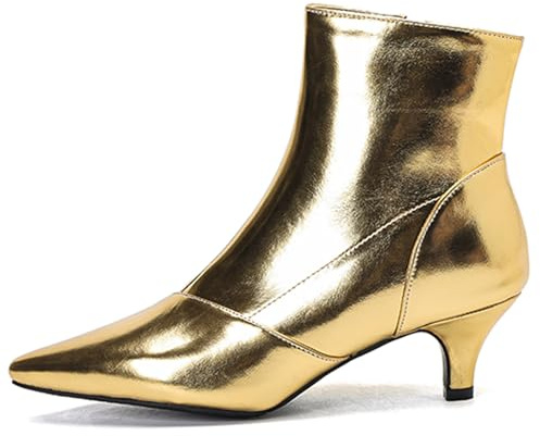 OALEEN Bottines Femme Hiver Boots Sexy Vernis Petit Talon 5.5cm Bout Pointu Zip Chaussures Métalissée Soirée Or 42