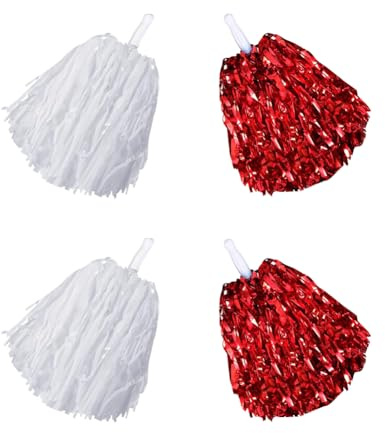 Pompons aus Metallfolie, Kunststoff, Cheerleader-Pompons, Sport-Team-Pompons, Geist-Cheerleader-Pompons, Cheerleading-Pompoms mit Griff, Weiß und Rot, 4 Stück