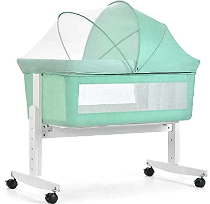 QUNINE Bewegliches, kompaktes Nachtbett, höhenverstellbares Kinderbett mit atmungsaktivem Netzfenster und Matratze, multifunktionaler Shaker mit 360°-Universalrad, Green Happy