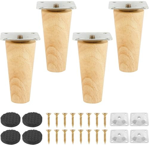 4pcs Pieds de Meuble Bois, 8cm Droits avec Plaque de Montage Vis et Tapis Antidérapant, Pieds de Meuble de Rechange pour Fauteuil, Armoire, Tables et Chaises