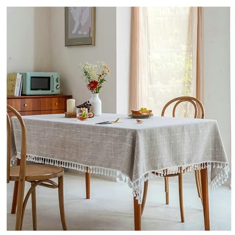 Gualiy Nappe Rectangulaire de Cuisine, Nappe 140x220CM Coton Lin Nappe Anti Tache sans Repassage Plaid à Rayures avec Glands Nappe pour Ménage Cuisine Jardin Picnic Exterieur, Marron