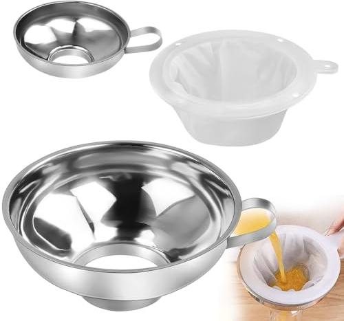 CAREDGO 2 Pcs Embudo Boca Ancha Embudo para Mermeladas Embudos de Acero Inoxidable Embudo de Gran Apertura 14.2cm y 10.3cm Para Transferir Lentejas Mermelada Zumo Vino + Un Filtro de Nailon 300 Malla