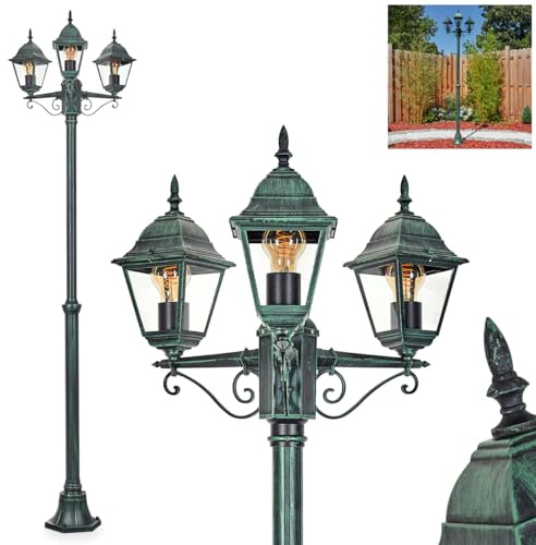 HOFSTEIN Kandelaber Naofe, Außenwegeleuchte aus Metall/Glas in Schwarz-Grün/Klar, Wegeleuchte im Landhaus/Antik/Retro/Vintage-Design für Garten, Außenbereich, Terrasse, Hof, max. 220 cm, 3 x E27, IP44