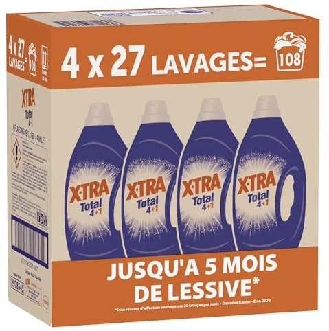 X-Tra Total - Lessive Liquide - 4 plus 1 - Propreté - Eclat - Fraîcheur - Engagé pour vous - Economique - Une seule lessive pour tout votre linge - Efficace des 20°C - 108 Lavages - 5 Mois de Lessive
