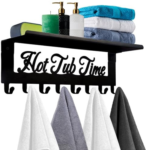 Hot Tub Towel Rack 8 Hooks with Shelf, Bathroom Towel Holder Organizer, Outdoor Wall Mount Hot Tub Accessories Decor to Hold Towels Robes and Coats in Bath, Hot Spring, Swim Pool, Hotel