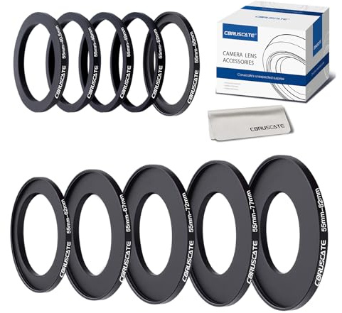 10Pcs 55mm Filter Ring Adapter Set,Metal Step-Up Ring for All Brands UV ND CPL (55-40.5mm,55-46mm,55-49mm,55-52mm,55-58mm,55-62mm,55-67mm,55-72mm,55-77mm,55-82mm)+Lens cleaning cloth