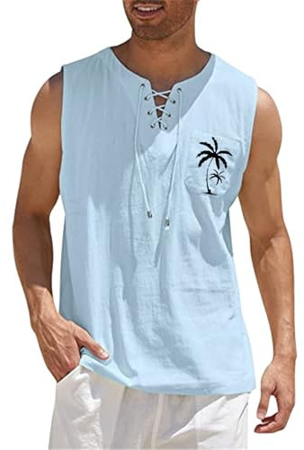 Tank Top Herren Ärmellose Leinenhemd Herren Tanktops aus Baumwolle und Leinen Sommer Unterhemden Casual Mann Strand Urlaub Basic Shirt Retro Schnüren Leichte Trägershirts
