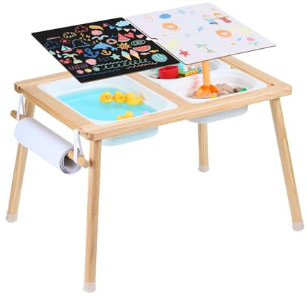 VEVOR Mesa Sensorial de Madera para Niños, Mesa de Actividades con 3 Contenedores de Almacenamiento Plegables y Soporte para Rollos de Papel, Mesa Sensorial de Agua y Arena para Juegos para Niños