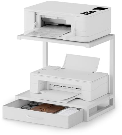 OYRREU Soporte para Impresora de Escritorio de 2 Niveles con cajón de Tela y Estante Abierto, Mesa con Almacenamiento para Impresora, Oficina en casa, Impresora 3D, fax, escáner, Blanco