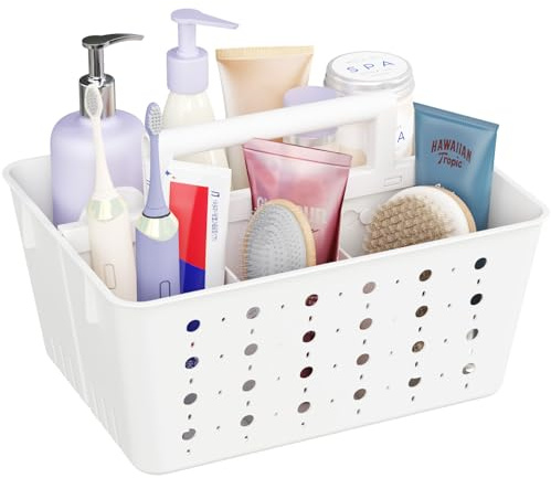 Lifewit Cesta Baño Organizador, Organizador Productos limpieza, Cesta Ducha Plástico con Asa, Cestos Almacenaje Para Guardar Champú, Gel de Ducha, Cepillo y Pasta de Dientes, Blanco, 1 Pieza