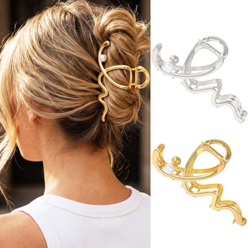 Reaky Wave Haarklammern, goldfarbene Haarklammer aus Metall, 2 Stück, Perlenklammer, rutschfeste Haarspangen, Haar-Accessoires für Damen