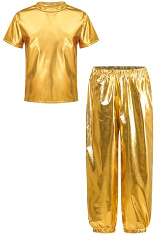 Sinleey Boys Girls Shiny Tracksuit Jazz Hip Hop Street Dance Outfits Short Sleeve Metallic T-shirt with Pants Set Gold 7-8 Years