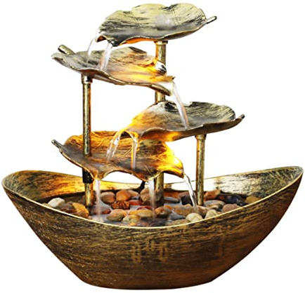 Gatuida Balkon Brunnen Wasserbrunnen als Schreibtischdekoration und Tischbrunnen Dekoration Kunststoff Gold Fließendes Wasser für Wohnzimmer und Schlafzimmer