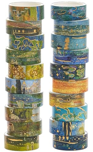 YUBX Juego de 20 rollos de cinta washi para paisaje, estilo pintura al óleo, cinta decorativa gráfica de lámina dorada para arte, manualidades, diarios, planificadores, álbumes de recortes, envoltura