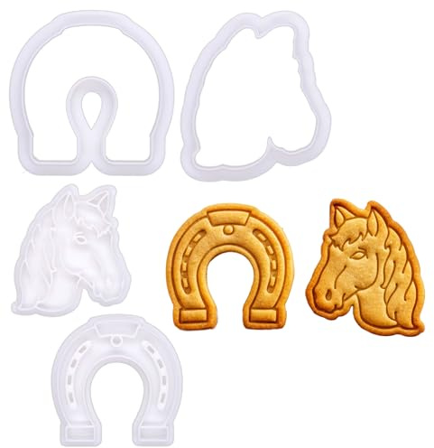 BAKERLOGY Mini Horse Shoe and Horse Head Cookie Cutter and Stamp Set (2) – Country Charm Embosser for Cupcake and Biscuit Decorating, Fondant Tool for Rustic Farmhouse Cakes and Rodeo-Themed Parties