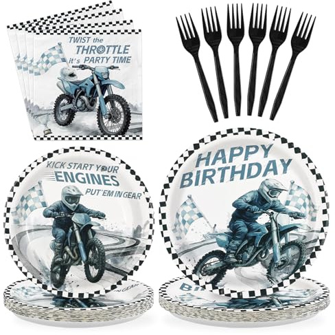Greencian Dirt Bike Birthday Party Decorations - 96Pcs Motorcycle Plates and Napkins Motocross Disposable Tableware for Boys Dirt Bike Birthday Party Decorations Serves 24