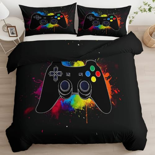 Spiel Graffiti Gamecontroller Bettwäsche 135x200 cm Schwarz Mädchen Kinder Teen Wendebettwäsche, Kühlende Mikrofaser Bettbezug mit Reißverschluss und Kissenbezug für Allergiker Geeignet Deckenbezug