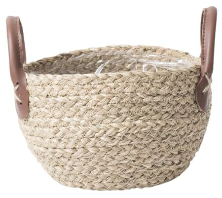 PawwJoy Cesta tejida de hierba marina con asas, soporte decorativo para macetas para plantas de interior, cesta de almacenamiento multiusos para picnic, lavandería, juguetes, tamaño mediano
