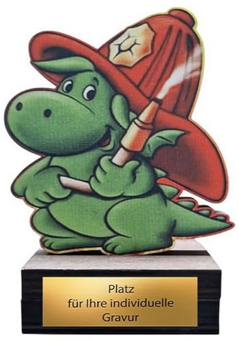 Henecka • Feuerwehr-Drache • Pokal Award Trophäe Holzpokal mit Wunschgravur für Kinderfeuerwehr •13 cm hoch