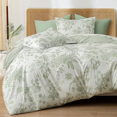 PHF Ultra Soft Floral Duvet Cover Queen Size, Printed Bedding Set 3 Pieces, Comfy Farmhouse Pattern Duvet Cover Set with 2 Pillow Shams, Zipper Closure and 8 Ties, 90x90, Flower-Green