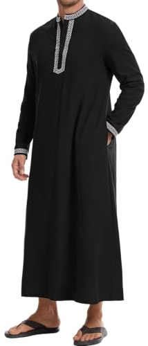 NANAMEEI Muslim Jubba Thobe Men Moroccan Kaftan Mens Button up Kaftan Robe Black L