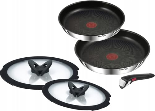 Tefal Ingenio Emotion Lot de 5 poêles en acier inoxydable avec couvercles en verre et poignée amovible 24/28 cm