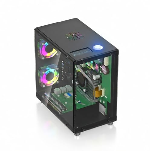 iUniker PiTower Aluminum Mini Tower Case for Raspberry Pi 5 with 1.3 OLED Display, Triple RGB Cooling Fans, NVMe SSD & PCIe Support, Safe Shutdown Power Button, RTC, All Ports Accessible