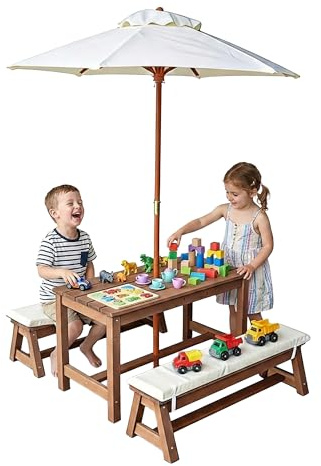 Relaxdays Barnens trädgårdsset med bord, bänkar, parasoll och kuddar, brunt trä, 50 x 89 x 44 cm