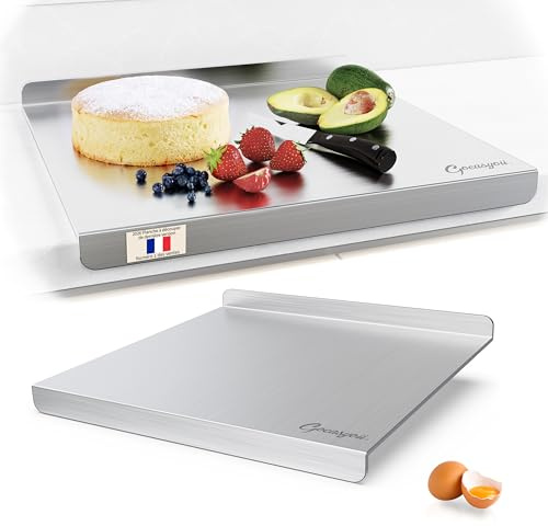Planche à Découper en Acier Inoxydable, Double face, Protege Plan de Travail Cuisine avec bord d'arrêt, Planche à Pétrir Inox pour Pain et Pizza avec Rebord, Pour Cuisine, Bar, Restaurant (50X80cm)