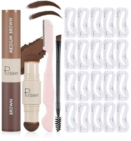 Hinourisha kit pochoir sourcils femme, Pommade Bicolore-Brun et brun clair pommade sourcil, 20 Tampon Sourcils Gabarits Réutilisables, Pinceau, Rasoir à Sourcils outils de maquillage