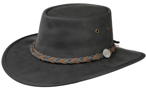 Barmah Squashy Twotone Läderhatt Herrar - Made in Australia outdoorhatt läder outback hatt med läderband, kantband Vinter Höst Sommar Vår Sommar-Vinter - XL (60-61 cm) svart