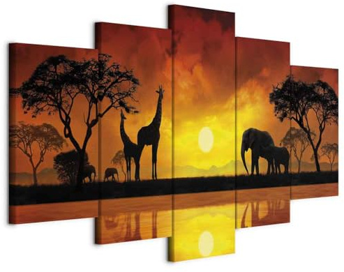 Cuadros B&D XXL - Leinwandbild Tiere Savanne, 100x50 cm, 5-teilig, modern | Hochwertige Leinwand, sofort aufhängbar, ideal fürs Wohn- oder Schlafzimmer, wasserfest und lichtecht, langlebig, stilvoll