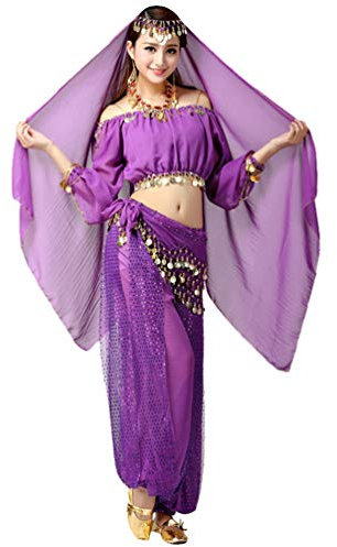 LaoZan Damen Crop Top Hosenanzug Set 8 Stücke Bauchtanz Kostüm Indisches Festival Tanzkostüm (Violett)