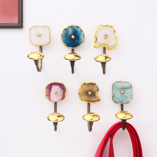 Indian Shelf Pack of 6 Stone Wall Hooks Decorative Modern - Multicolor Agate Coat Hook Wall Mounted - Stone Decorative Towel Hooks for Bathrooms - Agate Wall Key Hooks