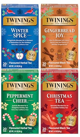 Twinings Holiday Variety Pack Tea Bags, Christmas Tea, Winter Spice, Gingerbread Joy, Peppermint Cheer, 20 Count (Pack of 4), Enjoy Hot or Iced, 80 Teabags