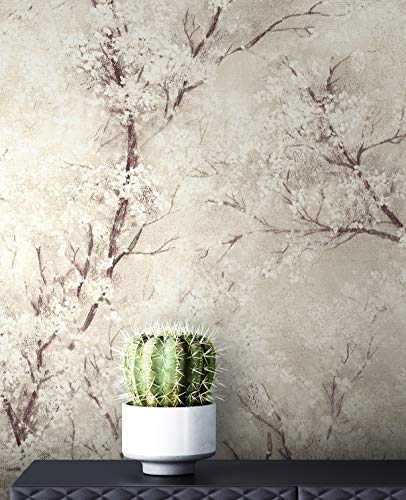 NEWROOM Tapete Beige Vliestapete Leicht Glänzend - Blumentapete Floral Weiß Schwarz Baum Blätter Mustertapete Modern Natur inkl. Tapezier-Ratgeber