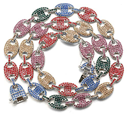 Halukakah Diamond Gold Chain for Men Iced Out,13MM Platinum White Gold Finish Rainbow Coffee Bean Chain Necklace 18,Multicolor Lab Diamonds Prong Set,with Free Giftbox