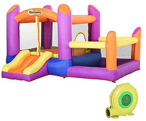 Outsunny Castello Gonfiabile per Bambini da Giardino, Parco Acquatico Gionfiabile con Scivolo, Trampolino e Piscina, Multicolor, 280x 250x170cm