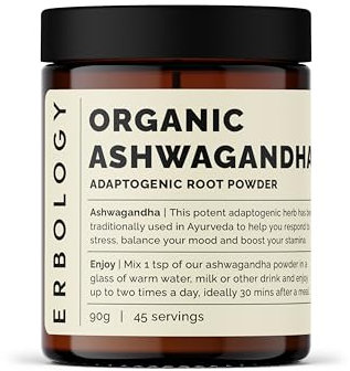 Erbology Organic Ashwagandha Powder 90g - 45 Servings - Sleep Aid - Rich in Withanolides - Sustainably Sourced Straight from Farm in India - Small Batch - Vegan - GMO-Free - Recyclable Glass Jar