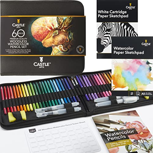 Castle Art Supplies 60-teiliges Set holzfreie Aquarellstifte | 48 stabile, hochwertig pigmentierte Stifte plus Extras | Ganzer Kern, kein Holz | Für Profis, Anfänger, Farbkünstler | Robustes Stoffetui