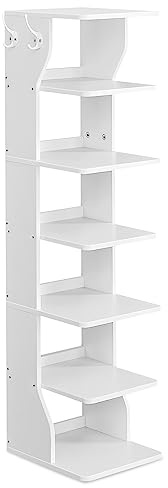 VASAGLE 7-Tier Vertical Shoe Rack, Narrow Shoe Storage Organizer with Hooks, Slim Corner Tower Shelf, Space-Saving for Entryway and Bedroom, White ULBS200T14