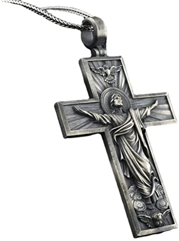 DESHOME Vintage Kreuz Jesus Halskette 3D geschnitzt religiösen Zinn Amulett Anhänger mit verstellbarer Kette, Pullover Halskette für Männer und Frauen, Unisex Geschenk, Look Up Cross