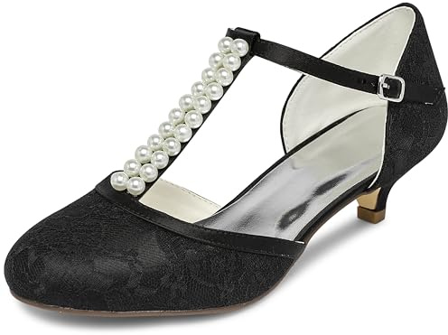 JIAJIA 01129 Women's Bridal Shoes Closed Toe T-Strap 1.8'' Low Heel Lace Satin Pumps Imitation Wedding Shoes Colour Black,Size 5 UK/38 EU